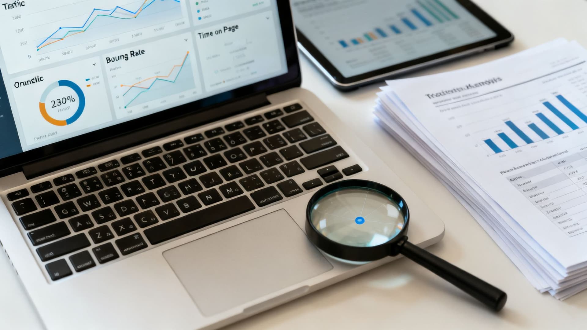 Laptop displaying website analytics, financial documents, a magnifying glass, and a tablet for data analysis.
