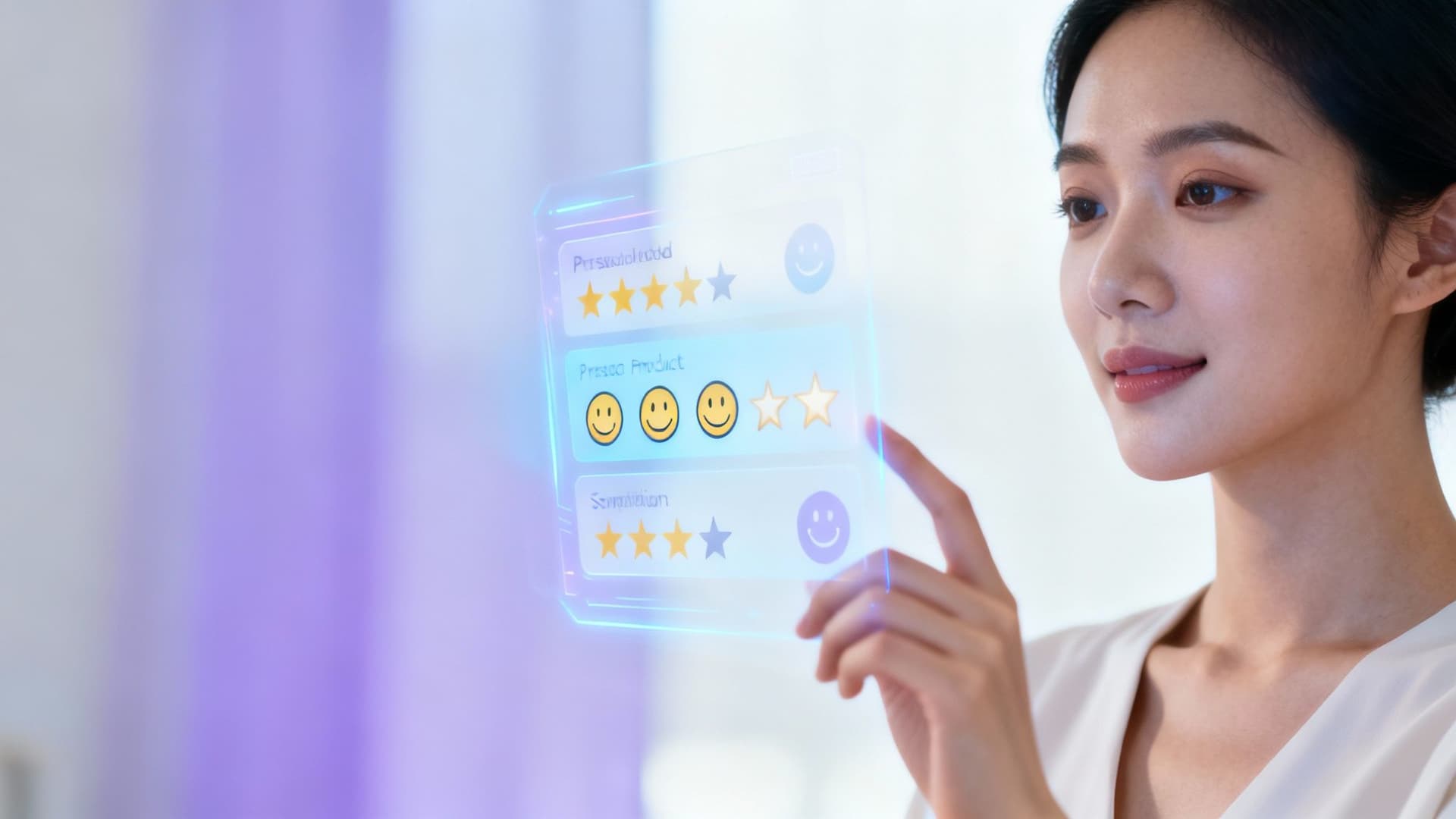Young woman interacts with a transparent holographic display showing customer feedback and ratings.