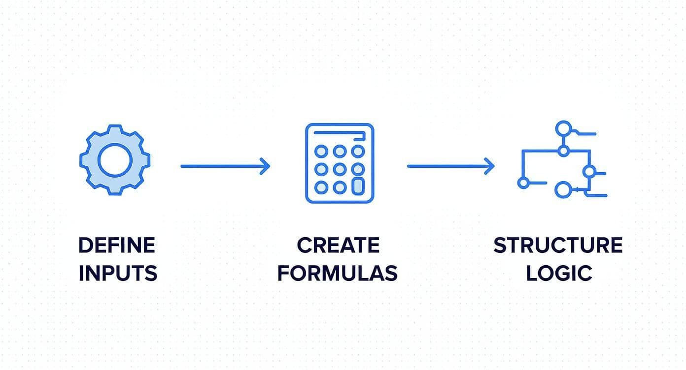 Three step workflow process showing define inputs, create formulas, and structure logic with icons