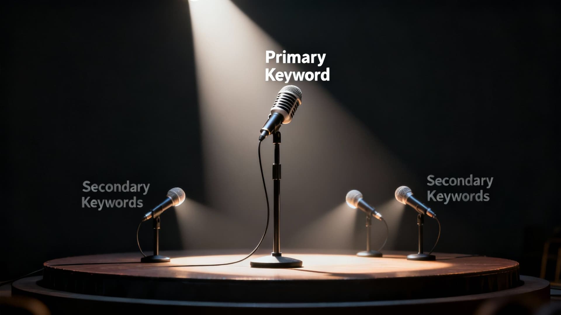A stage featuring a central 'Primary Keyword' microphone under a spotlight, surrounded by 'Secondary Keywords' microphones.