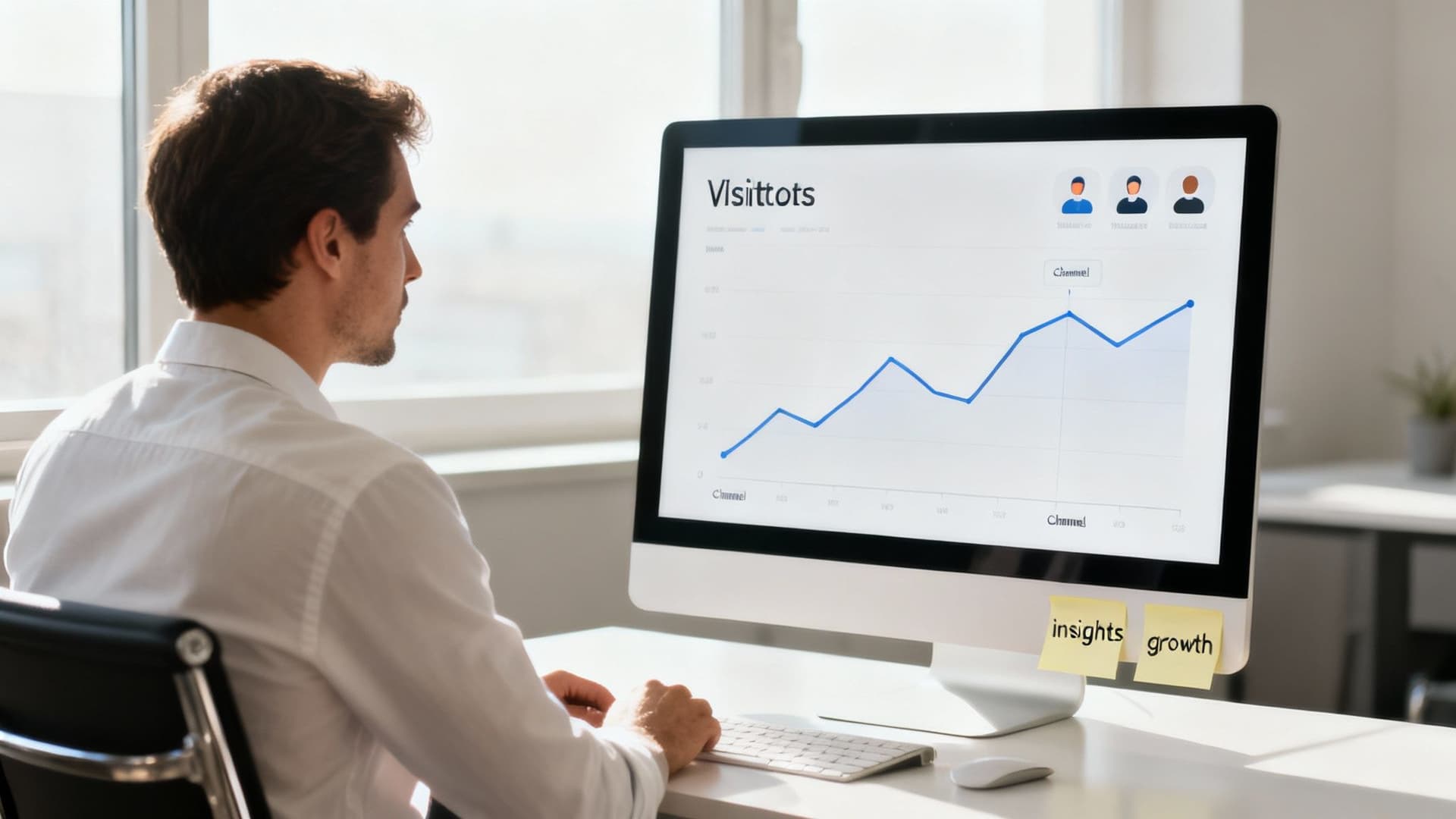 A man analyzes website visitor data on a computer screen displaying a growth chart with sticky notes.