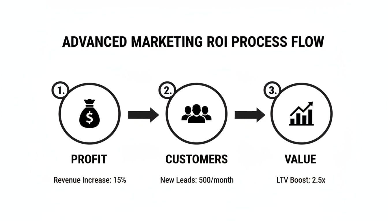 Marketing ROI process flow diagram showing steps: profit, customers, and value with key metrics.