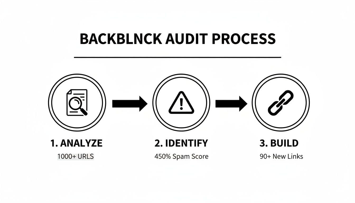 Backlink audit process flowchart showing steps to analyze URLs, identify spam, and build new links.