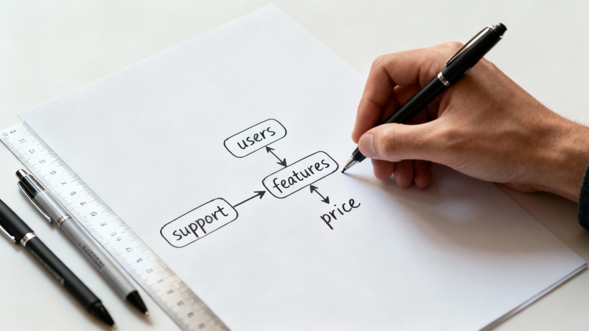A hand sketches a flowchart connecting features with users, support, and price on white paper.