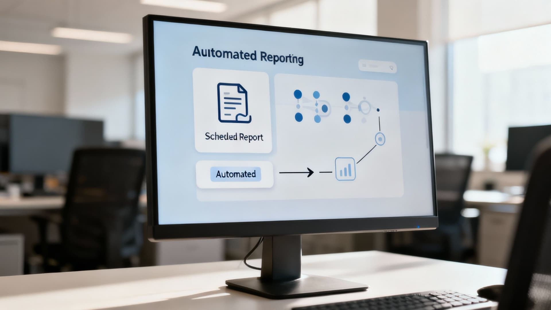 A computer monitor displays 'Automated Reporting' interface showing scheduled reports and an automation flow.