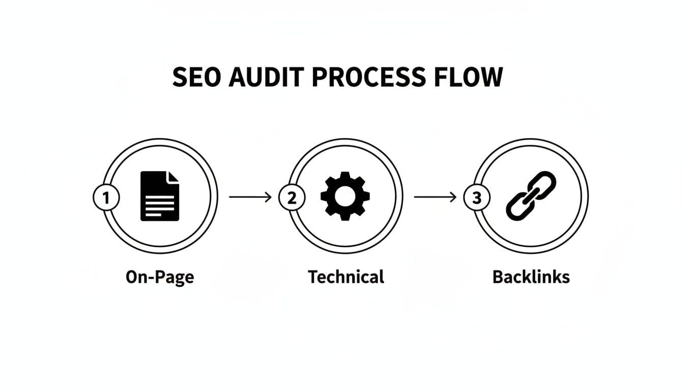 Flowchart showing the 3-step SEO audit process: On-Page, Technical, and Backlinks.