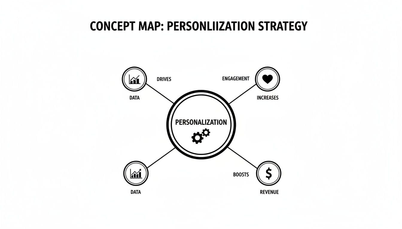 A concept map showing a personalization strategy, highlighting how it uses data, increases engagement, and boosts revenue.