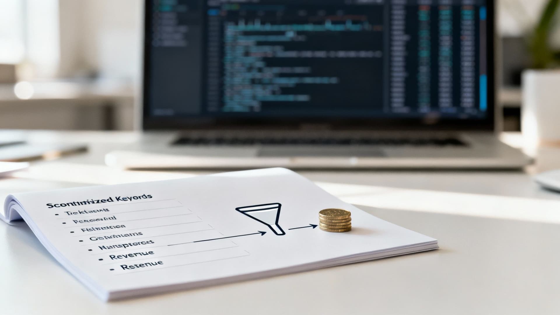 Notebook displays 'Scontimized Keywords' and a funnel leading to stacked coins, symbolizing SEO optimization for revenue.