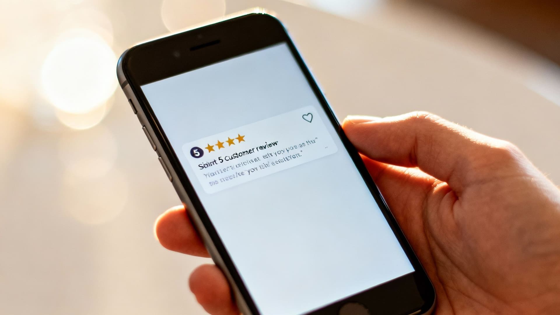 A hand holds a smartphone displaying a 5-star customer review with example text.