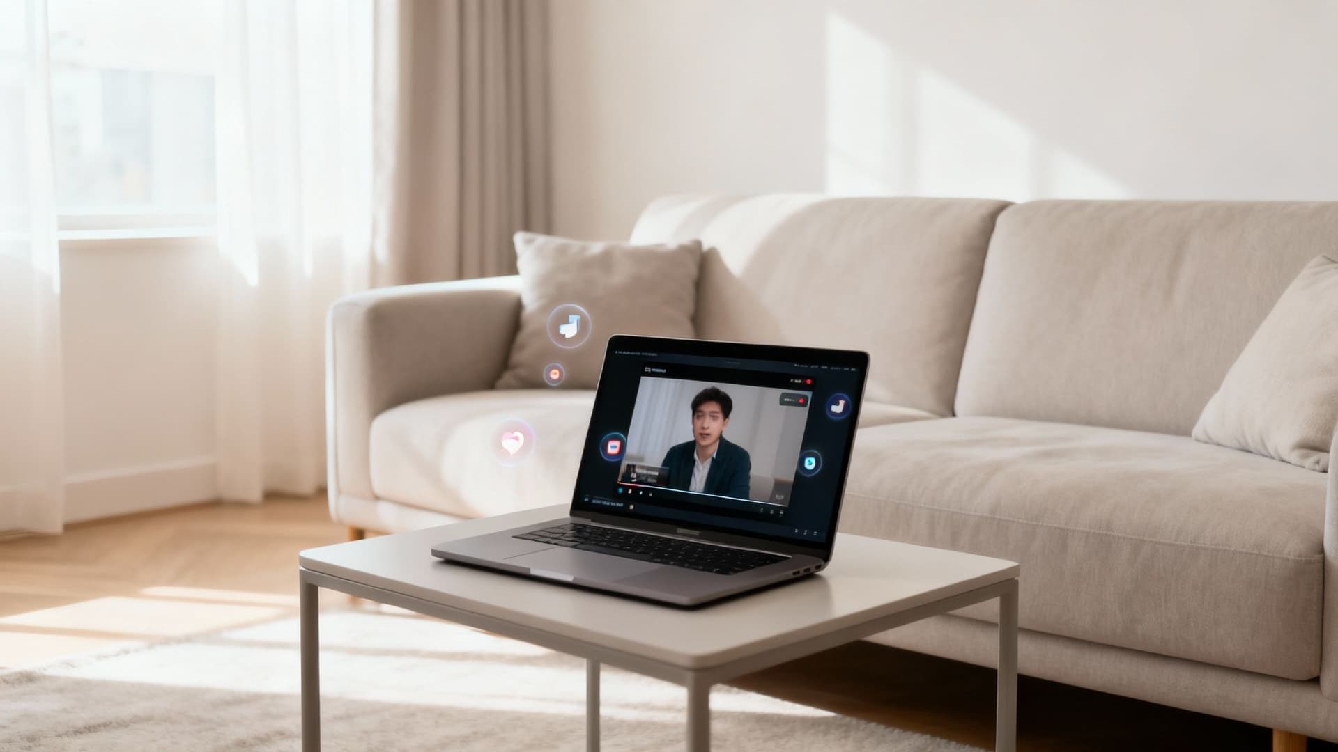 Modern living room with a laptop on a table displaying an online video call with interactive emojis.