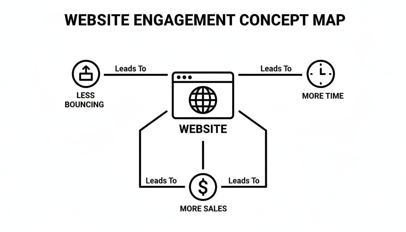A concept map showing that website engagement leads to less bouncing, more time, and more sales.