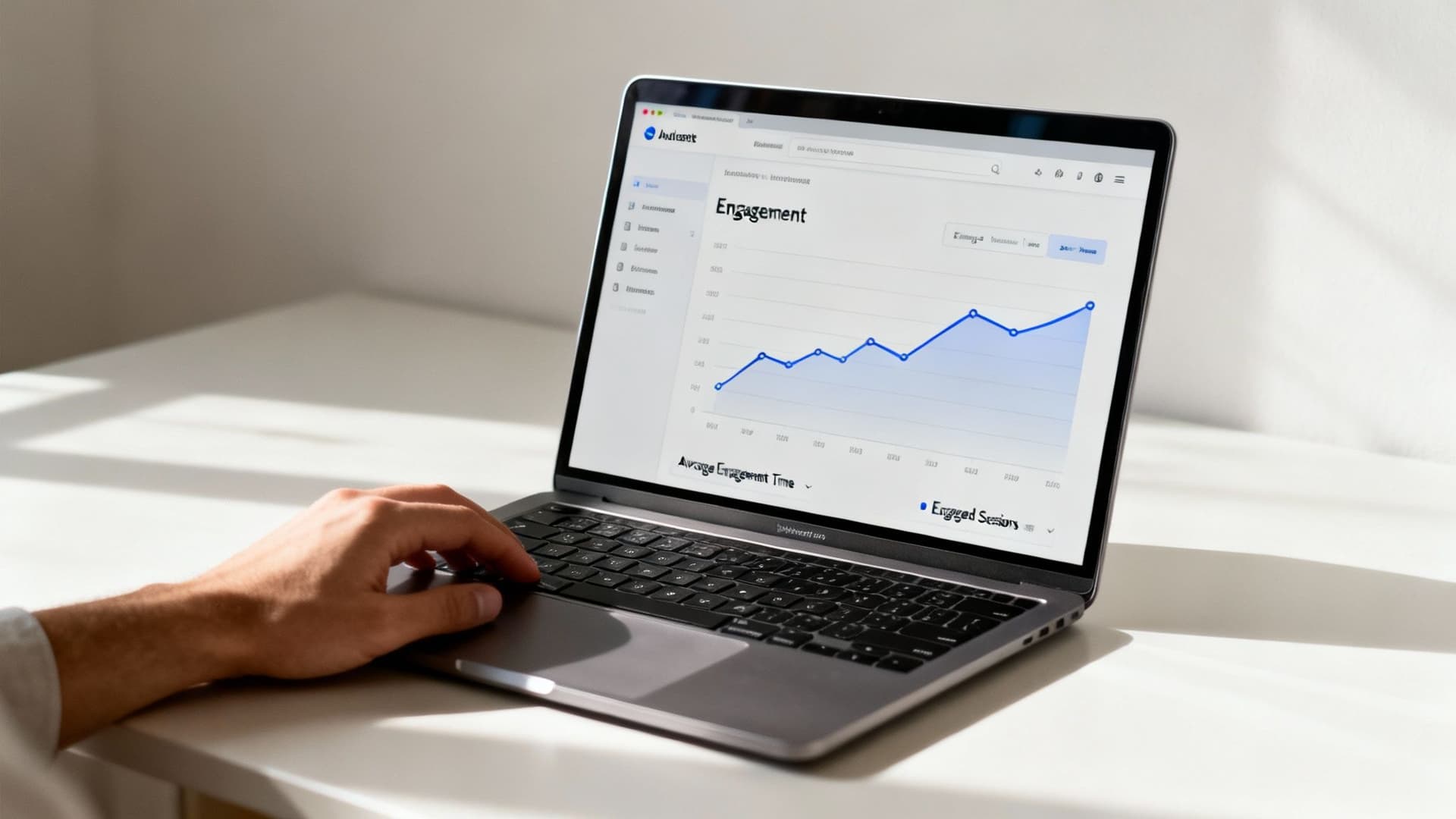 A personâs hand typing on a laptop displaying an engagement data graph.