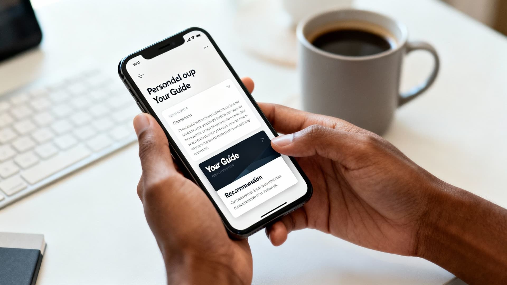 A person holds a smartphone showing a 'Your Guide' app, with a keyboard and coffee mug nearby.