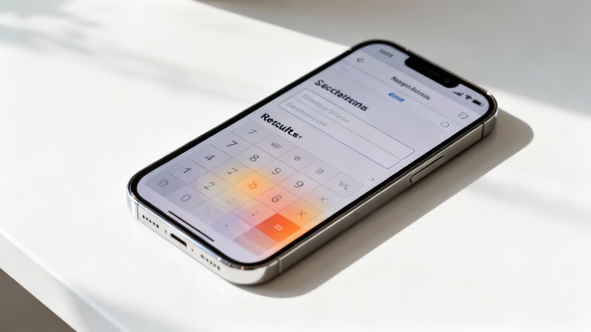 A silver iPhone displaying a calculator app with numeric and operator buttons on a bright white surface.