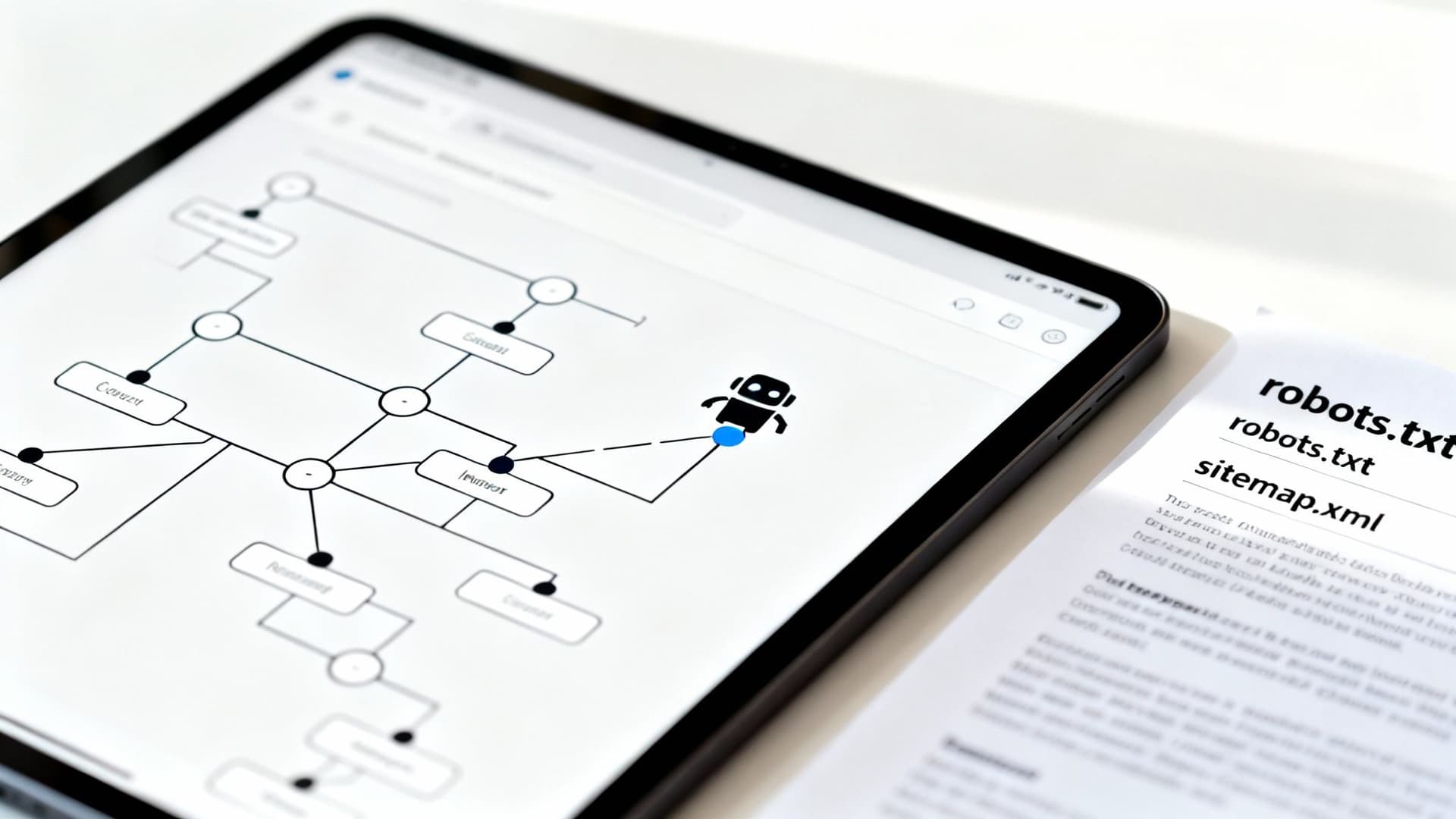 Digital tablet showing a technical flowchart with a robot, next to a document with robots.txt and sitemap.xml.