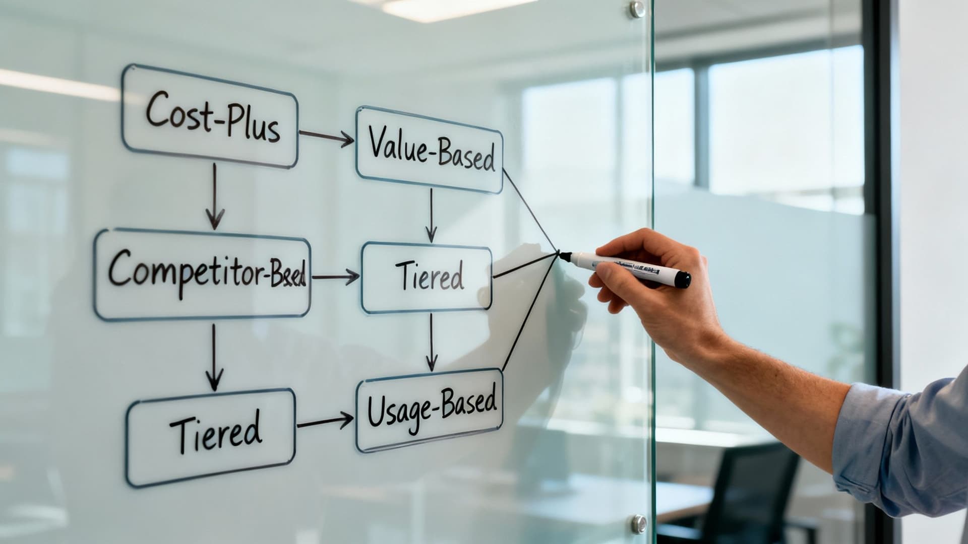 Hand drawing a complex pricing model strategy flowchart with various methods on a glass board.