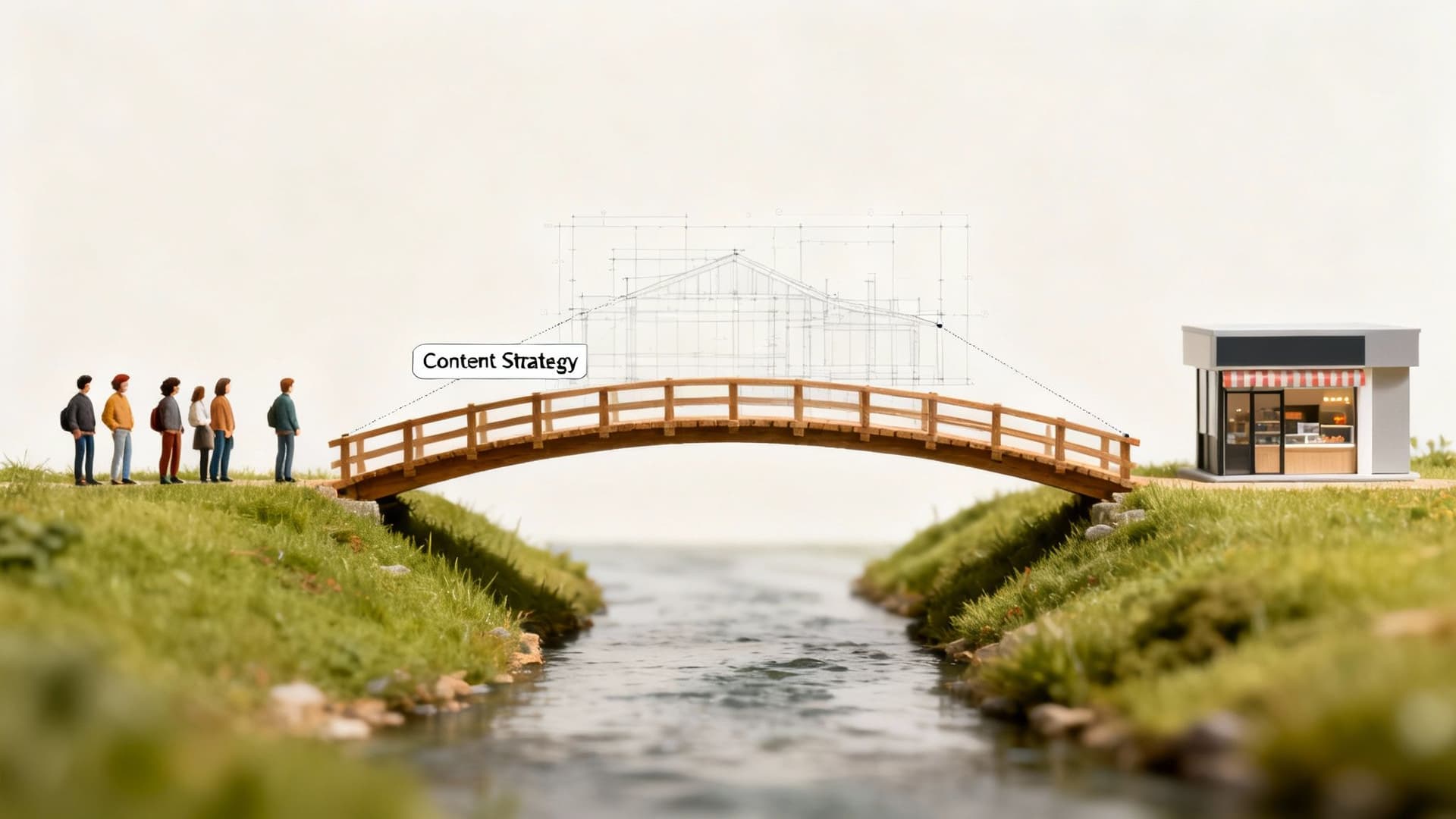 Miniature people on grass look across a bridge toward a shop, with a 'Content Strategy' blueprint above.