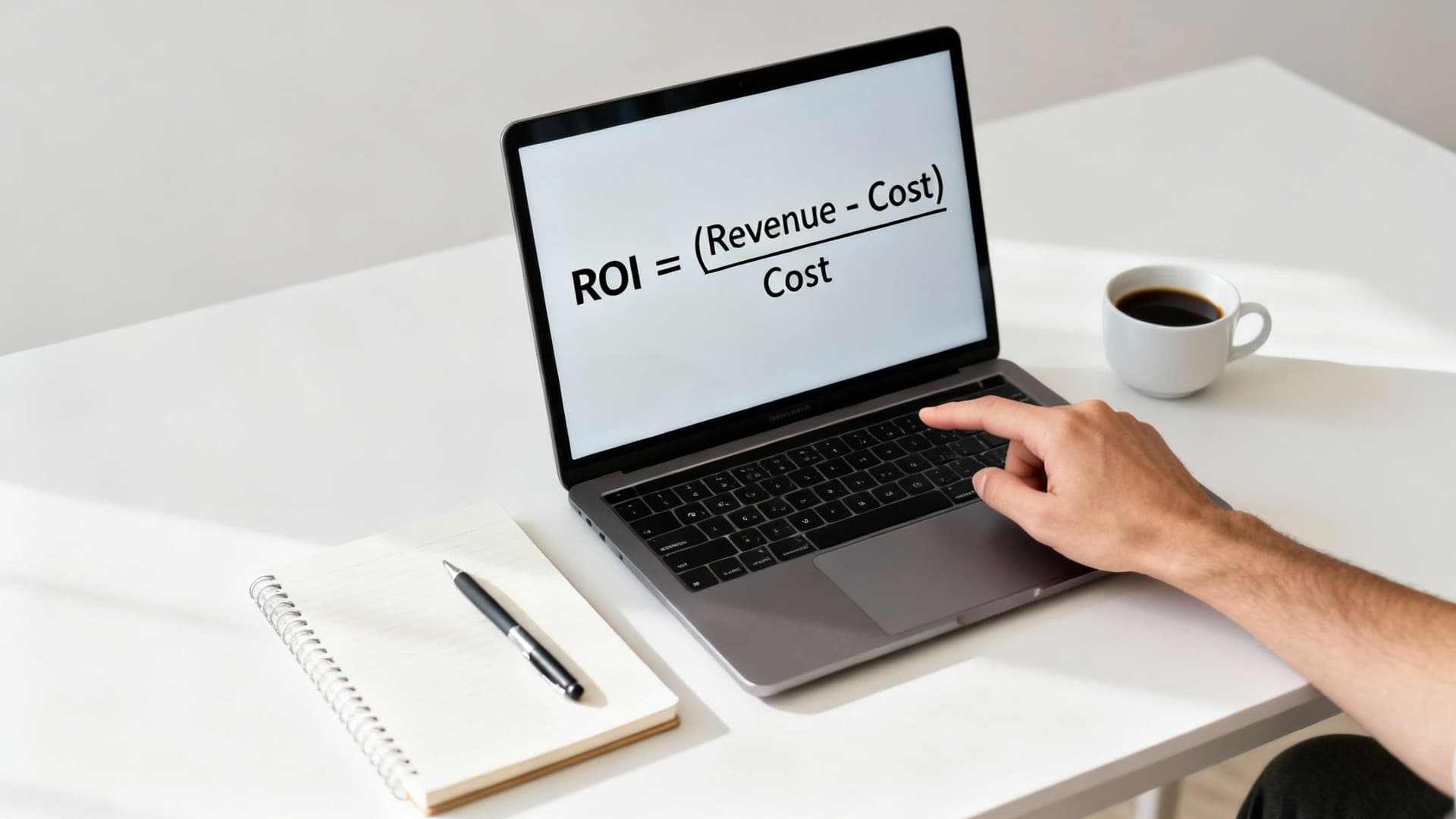 A person's hand on a laptop displaying the ROI calculation, with coffee and a notebook on a white desk.