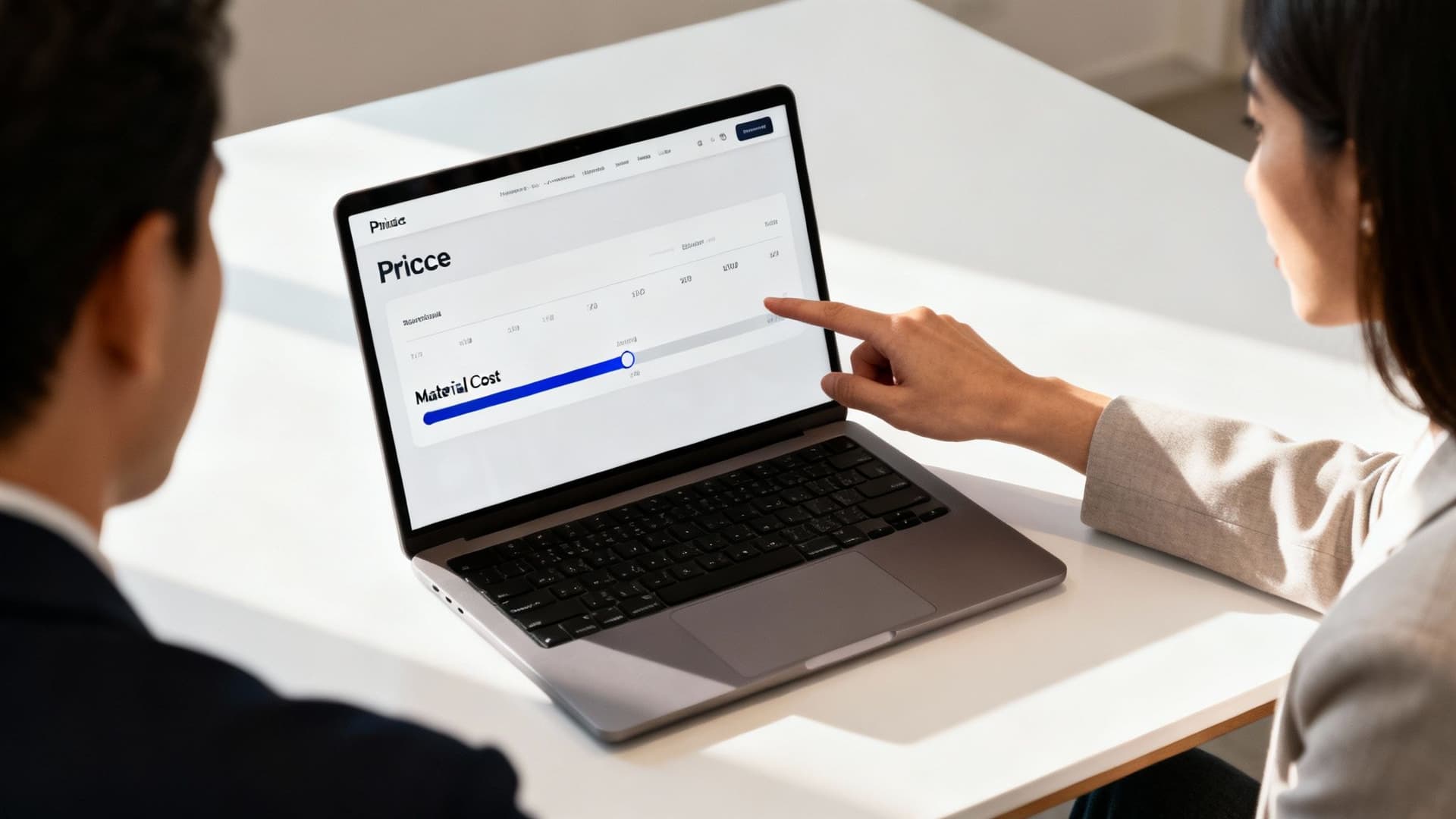 Business professionals collaborating on laptop, adjusting a material cost slider for service pricing.