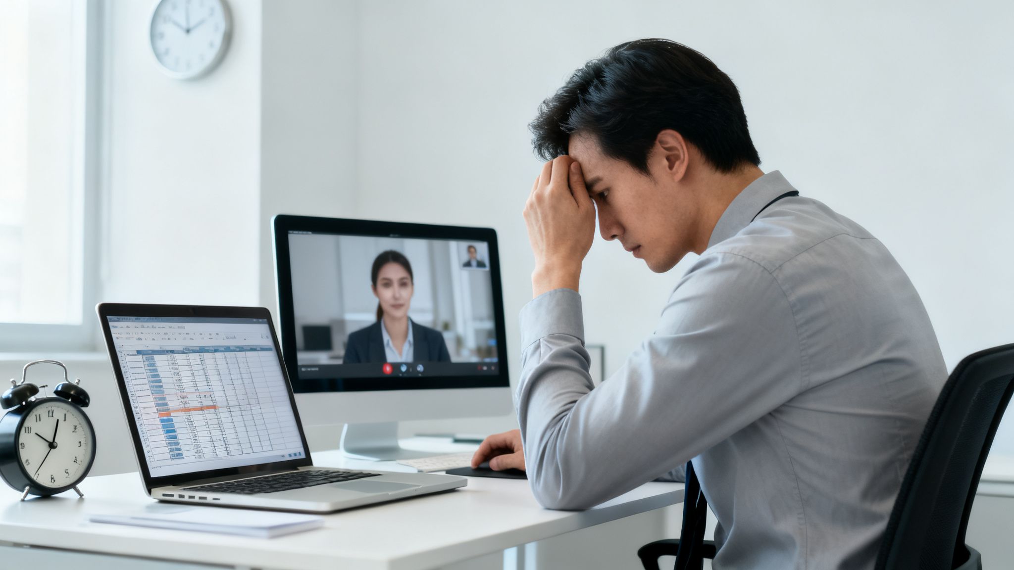 Stressed man in an office, attending a virtual business meeting with a female colleague.