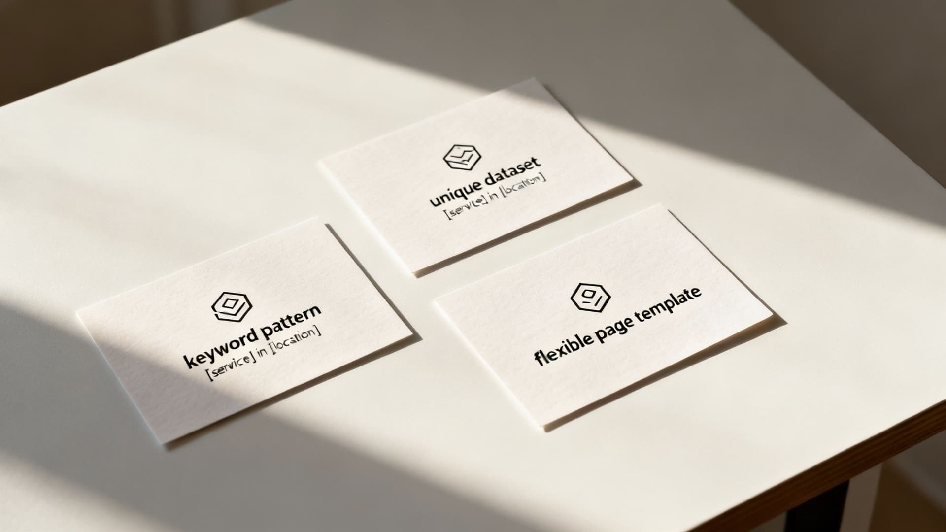 An illustration of the three pillars of programmatic SEO: keyword patterns, data sourcing, and page templates, visually connected to show their interdependence.