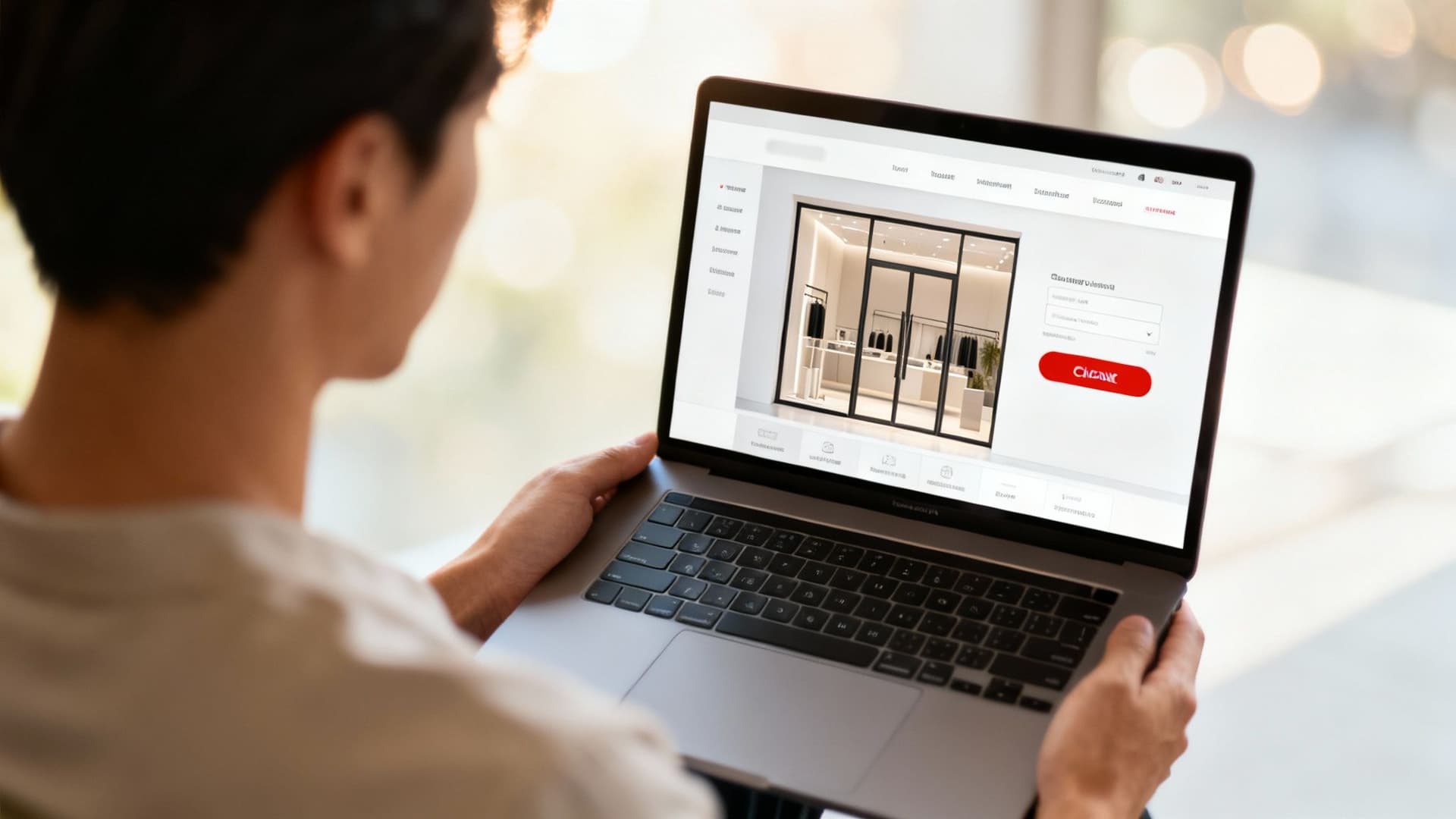 Person looking at a laptop screen displaying a website with a stylish clothing store interior and a data entry form.