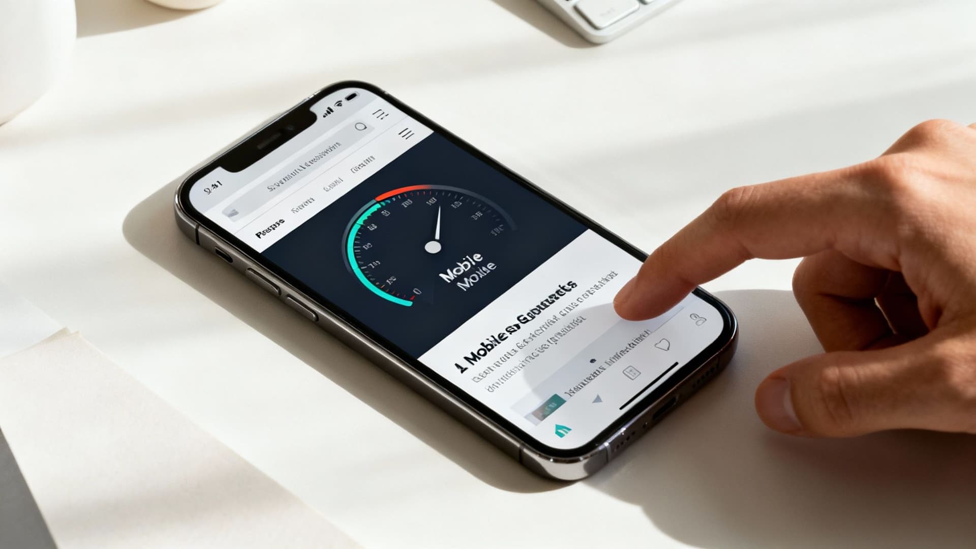 A hand interacts with a smartphone displaying a 'Mobile Moxie' app featuring a gauge on a white desk.