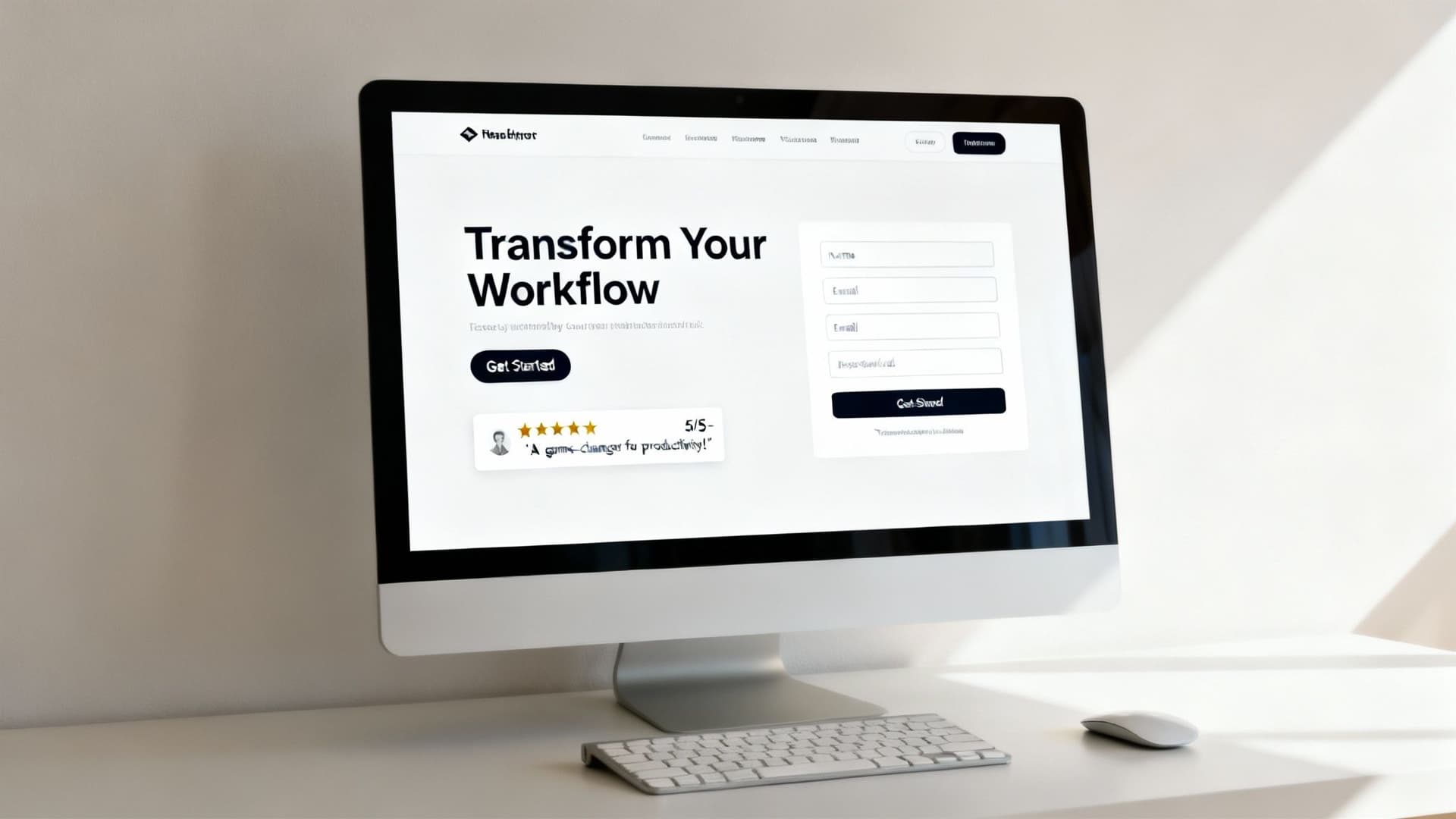 A desktop computer displays a modern workflow management website with a signup form and positive review.