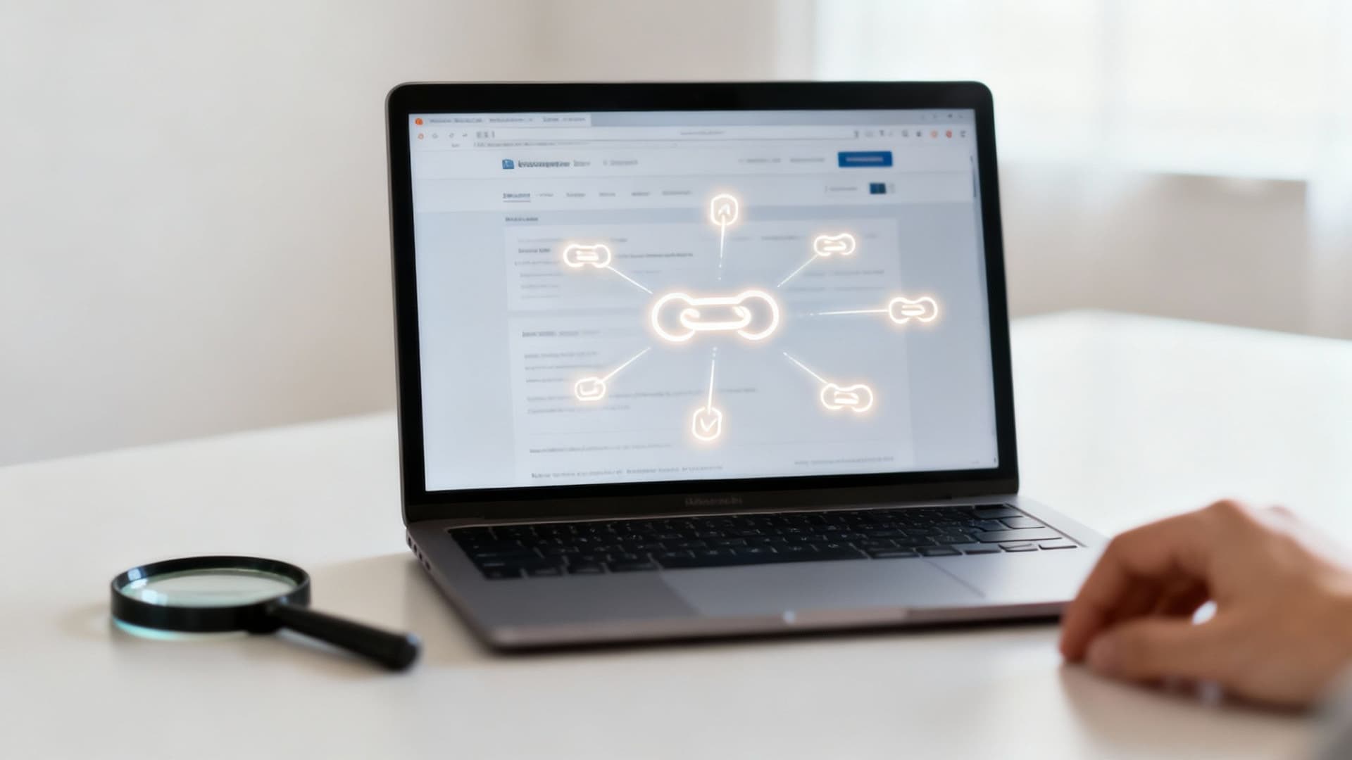A laptop screen displays a glowing link graph, with a magnifying glass on a white desk.