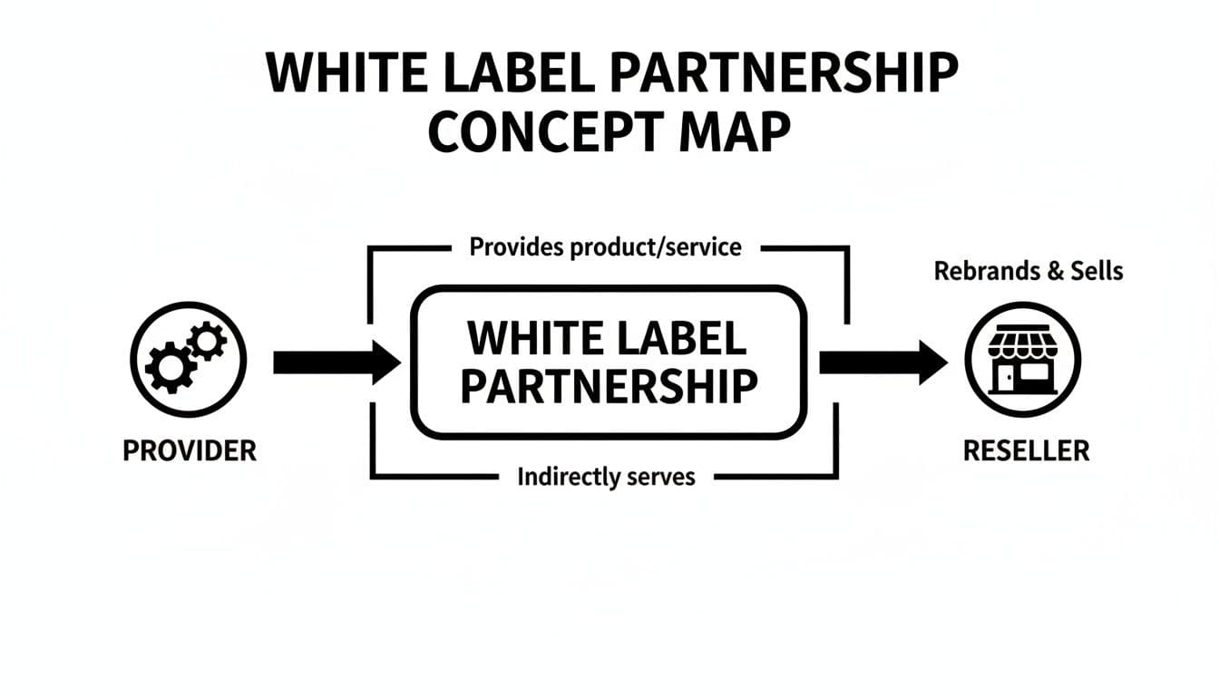 A concept map illustrating the white label partnership, showing provider, partnership, and reseller roles.