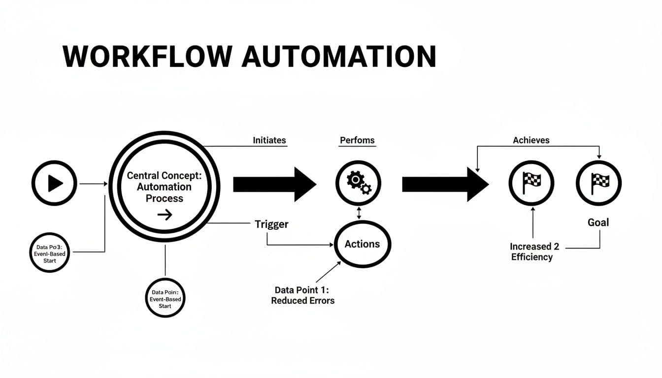 A diagram illustrating the workflow automation process, showing initiation, actions, and achieved goals.