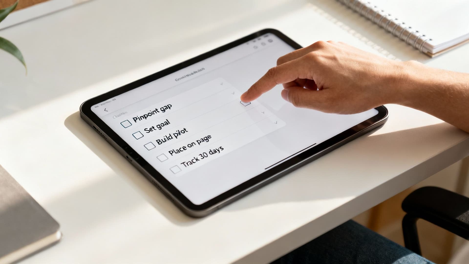 A hand taps a checkbox on a digital checklist displayed on a tablet, outlining business or project steps.