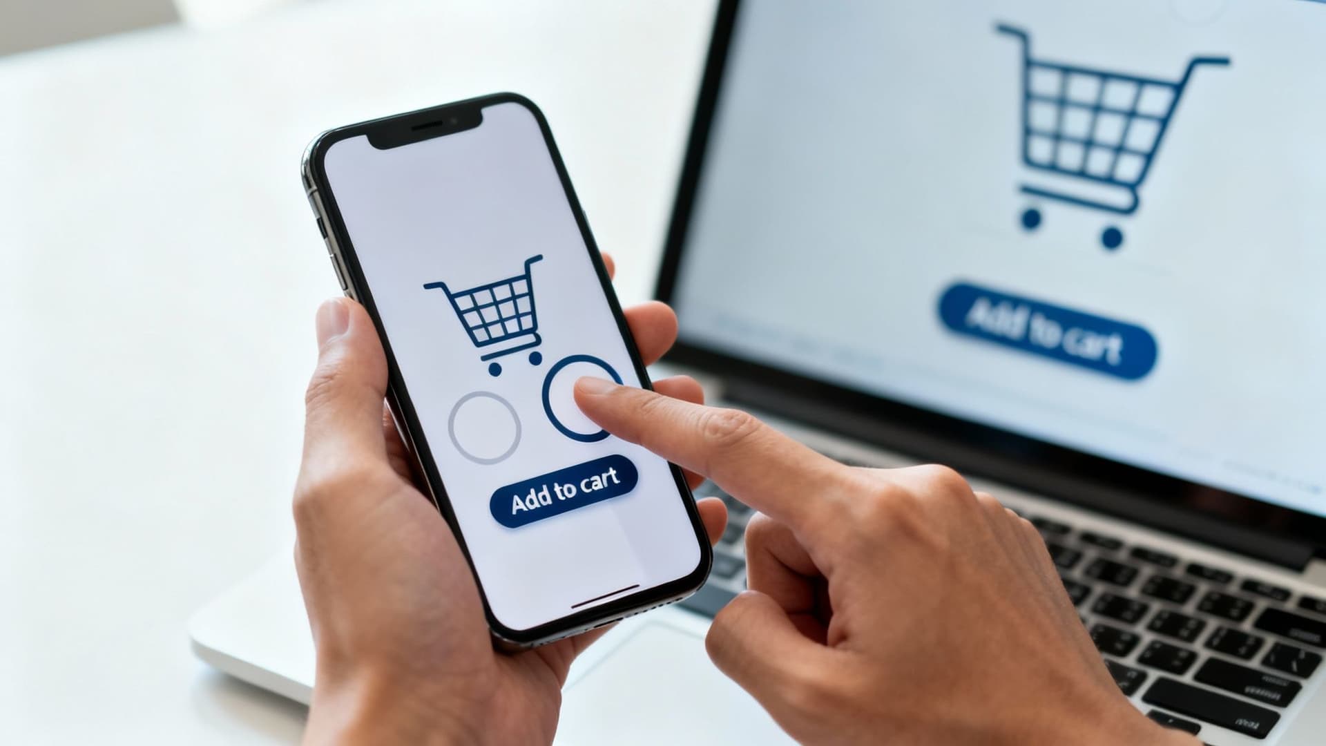 Person's hand tapping on a smartphone screen for online shopping, with a laptop in the background.