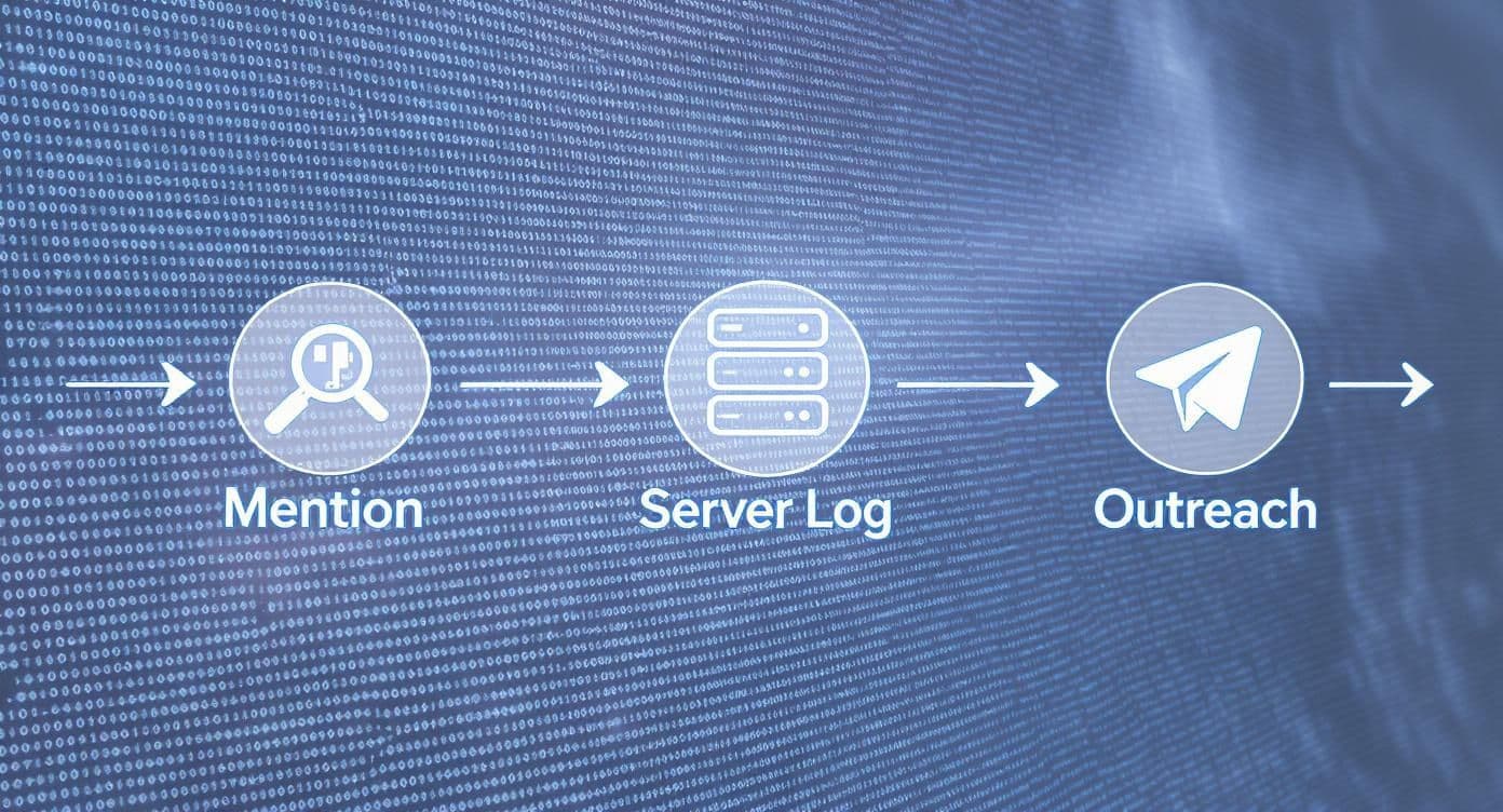 A digital workflow showing mention detection, server log analysis, and outreach on a binary background.