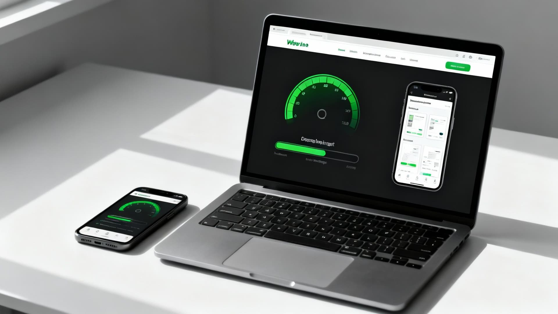 Laptop and smartphone on a white desk, both displaying green speed test gauges and a mobile app.