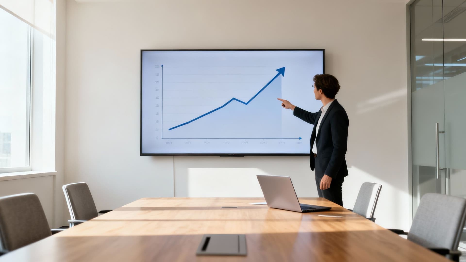 Professional man presenting growth data on a big screen to an audience in a modern office.