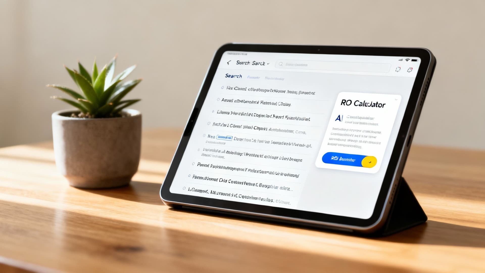 A tablet on a stand displays a search page with 'RO Calculator' results next to a potted plant on a desk.