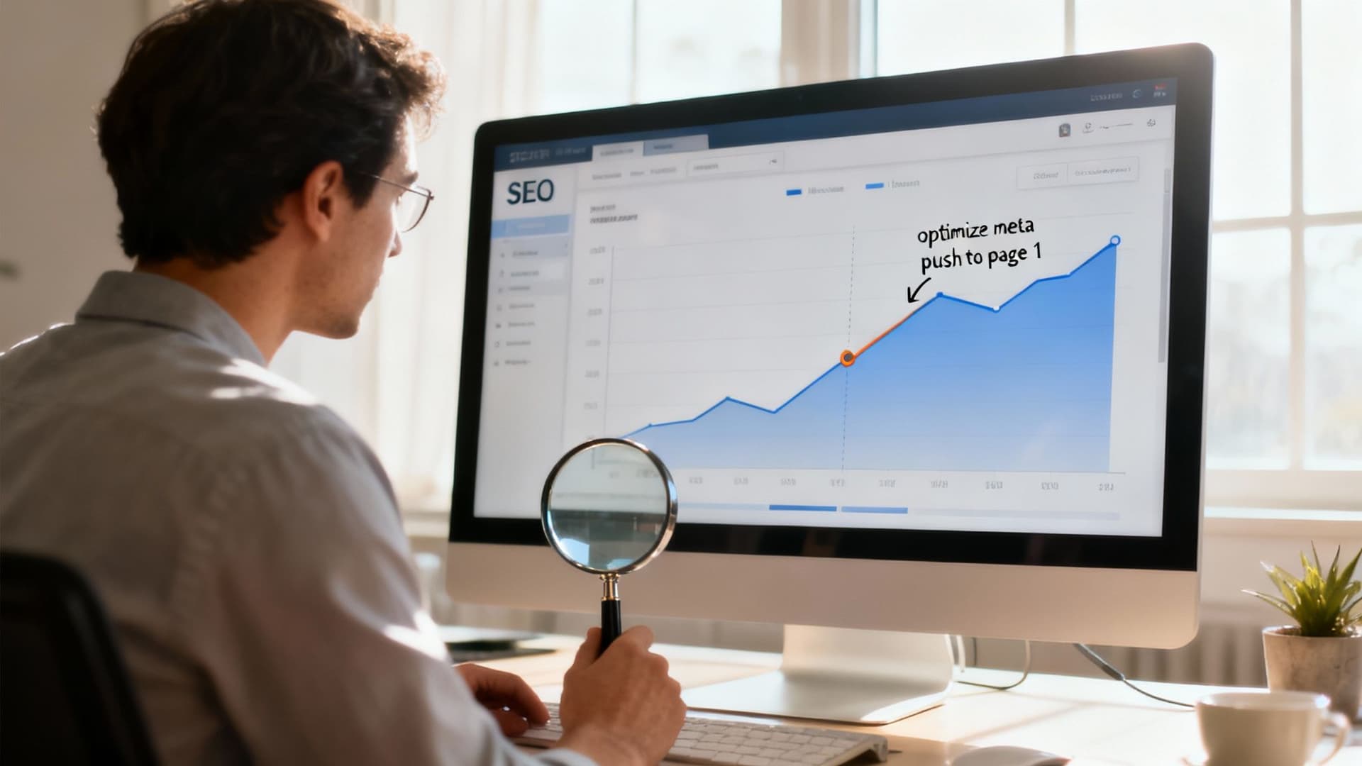 Man analyzing an SEO report on a computer, looking at a growth graph with a magnifying glass.