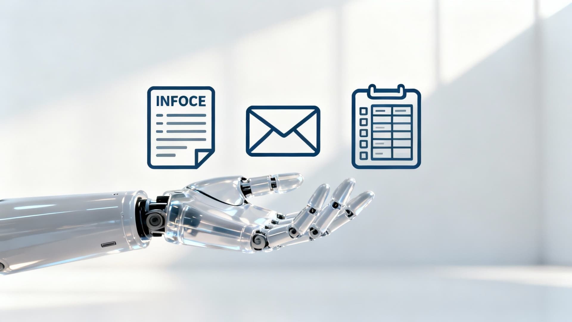 A transparent robotic hand presents icons for document, email, and data processing, representing digital transformation.