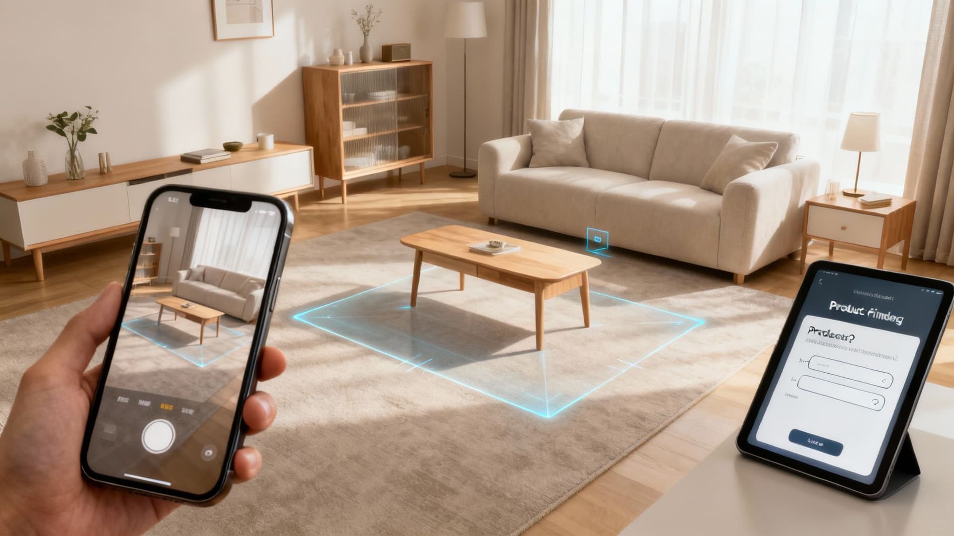 A person using a smartphone to interact with an augmented reality furniture app, visualizing a chair in their living room.