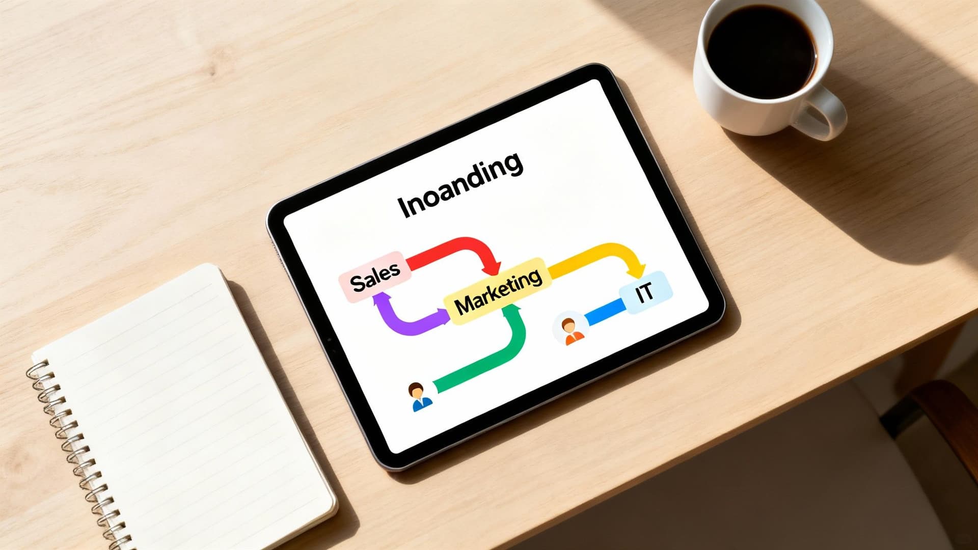A tablet displays an onboarding flowchart connecting Sales, Marketing, and IT departments on a wooden desk.