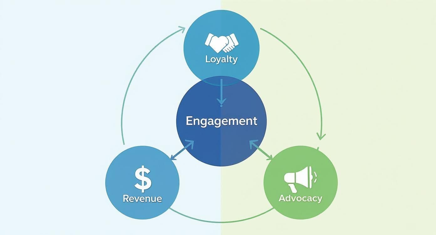 Diagram showing customer engagement as the core, connected to loyalty, advocacy, and revenue in a continuous cycle.