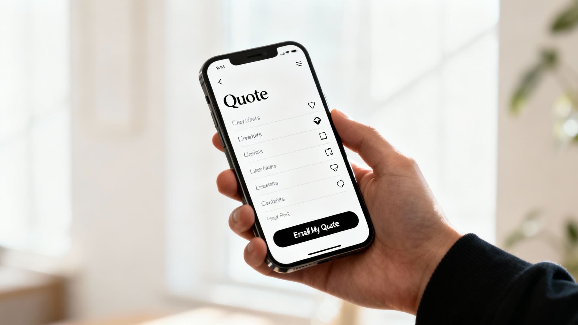 Hand holding smartphone displaying quote generator app interface with email my quote button