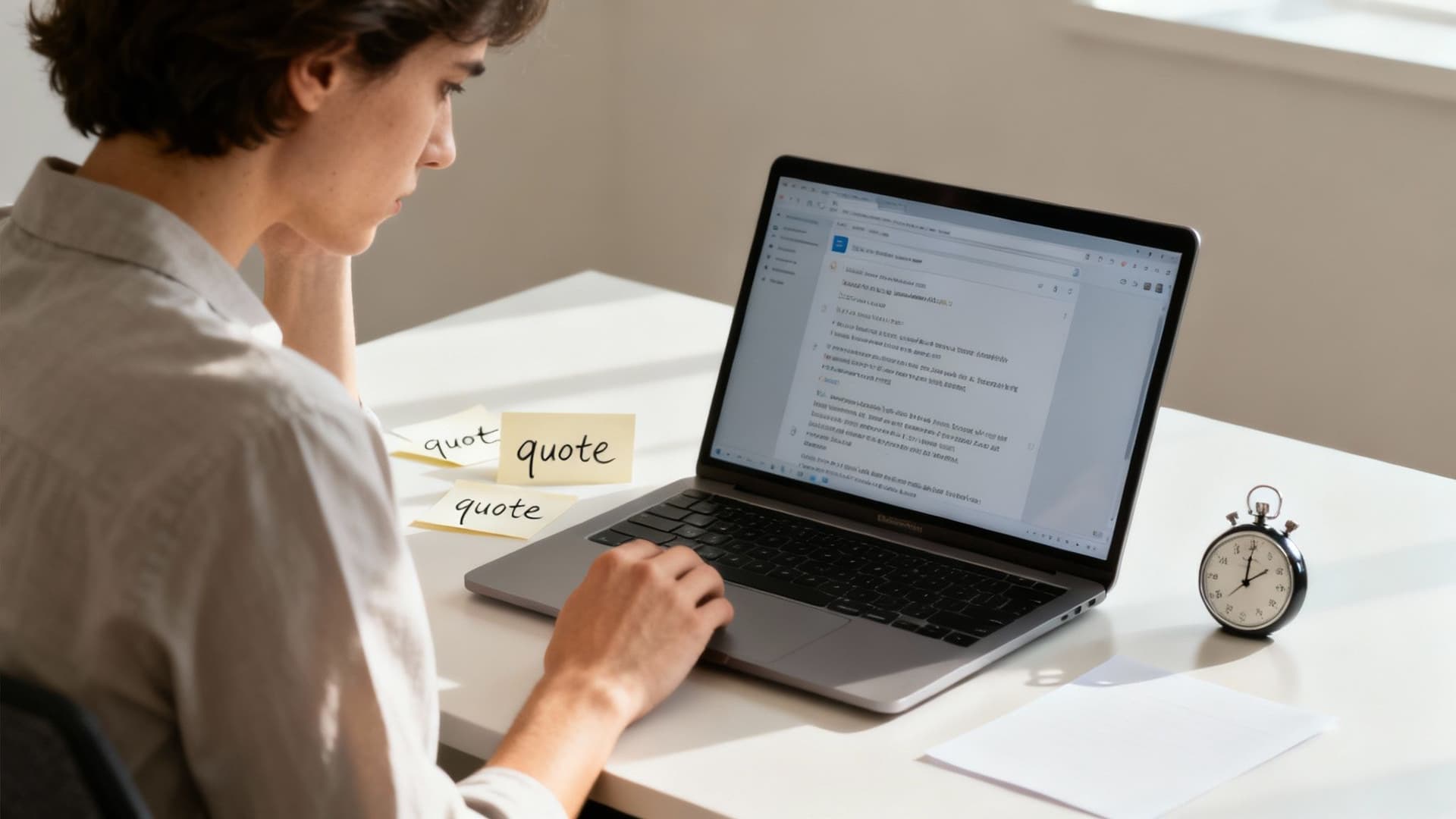 Person working on laptop computer requesting quotes online with sticky notes and stopwatch on desk
