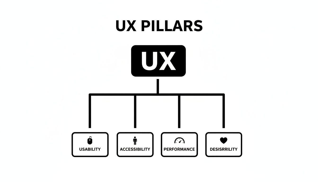 A black and white diagram illustrates the four core UX pillars: Usability, Accessibility, Performance, and Desisrrility.