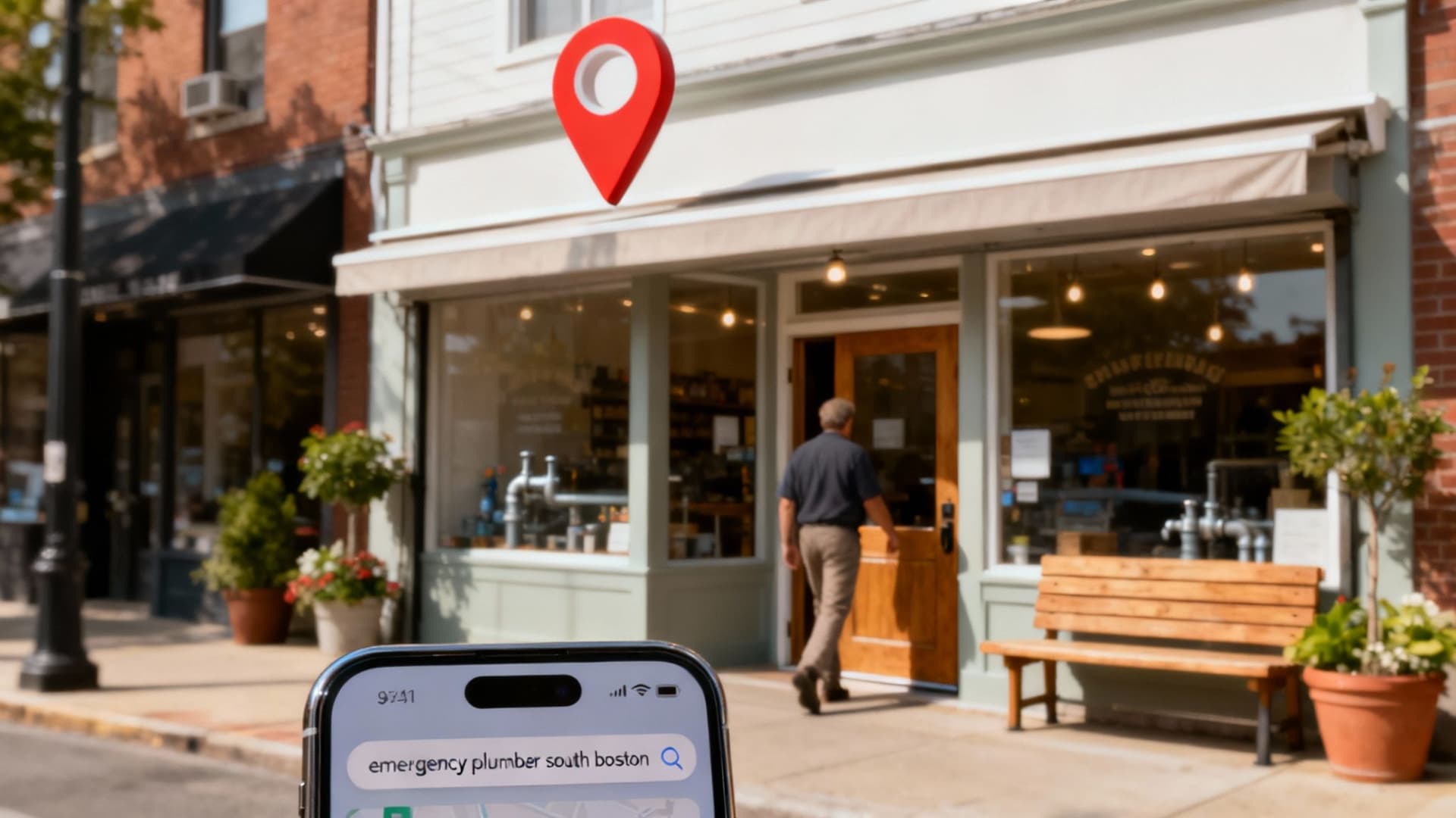 Smartphone displaying local business search for emergency plumber with location pin above storefront