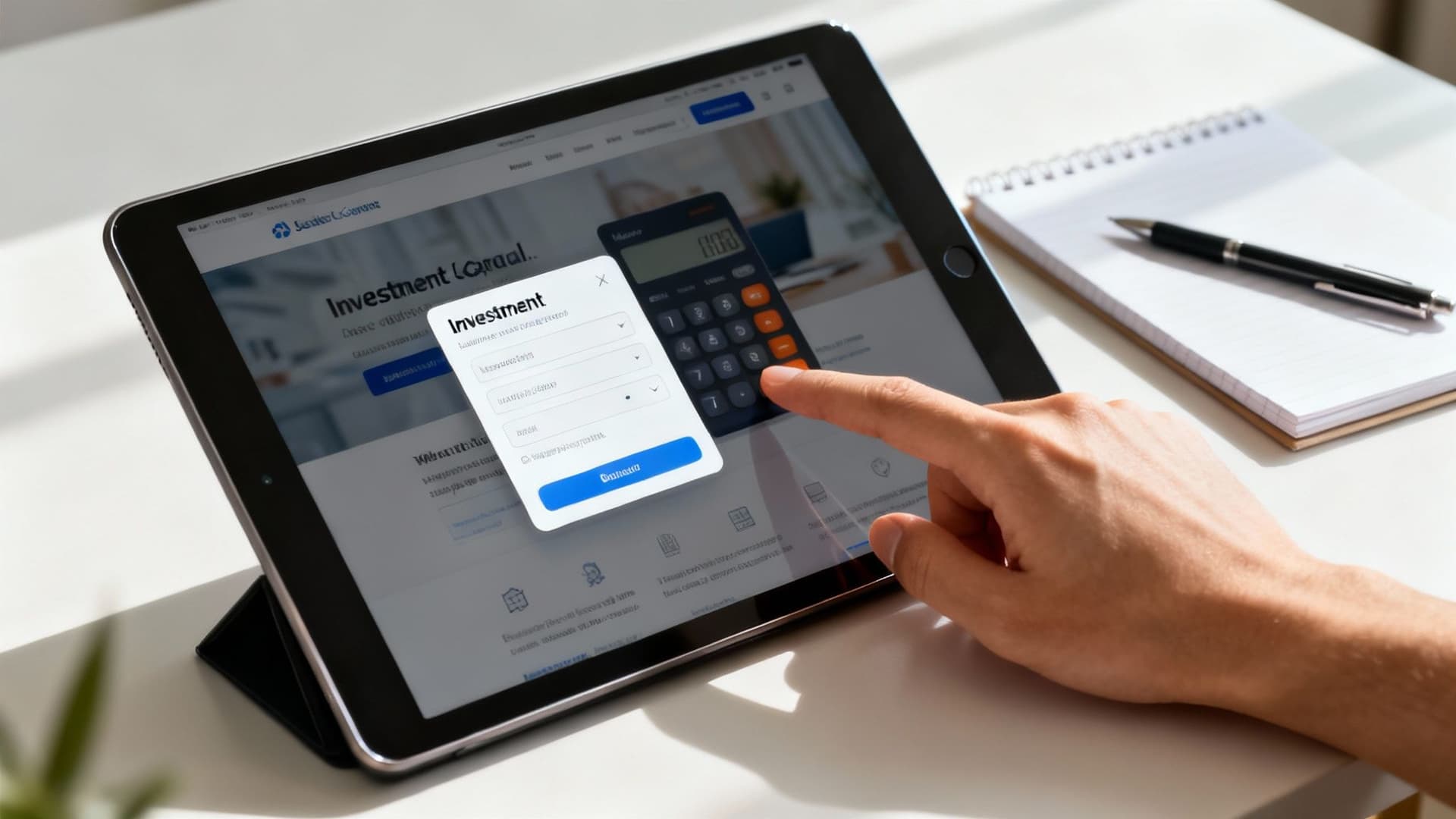 A person uses a tablet to interact with a white label investment app and an on-screen calculator.