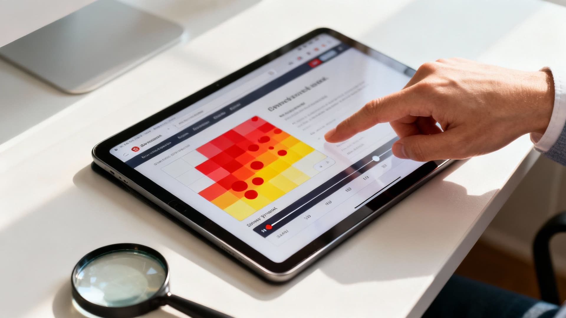 A hand interacts with a tablet showing a colorful data chart, with a magnifying glass nearby.