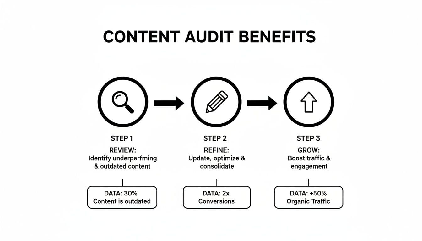 Infographic showing content audit benefits through a three-step process: review, refine, and grow.
