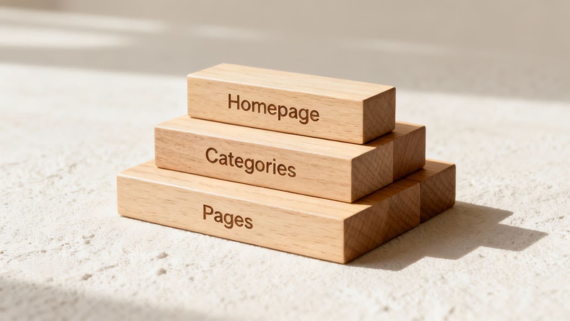 Wooden blocks stacked in pyramid showing website hierarchy with homepage, categories, and pages labels